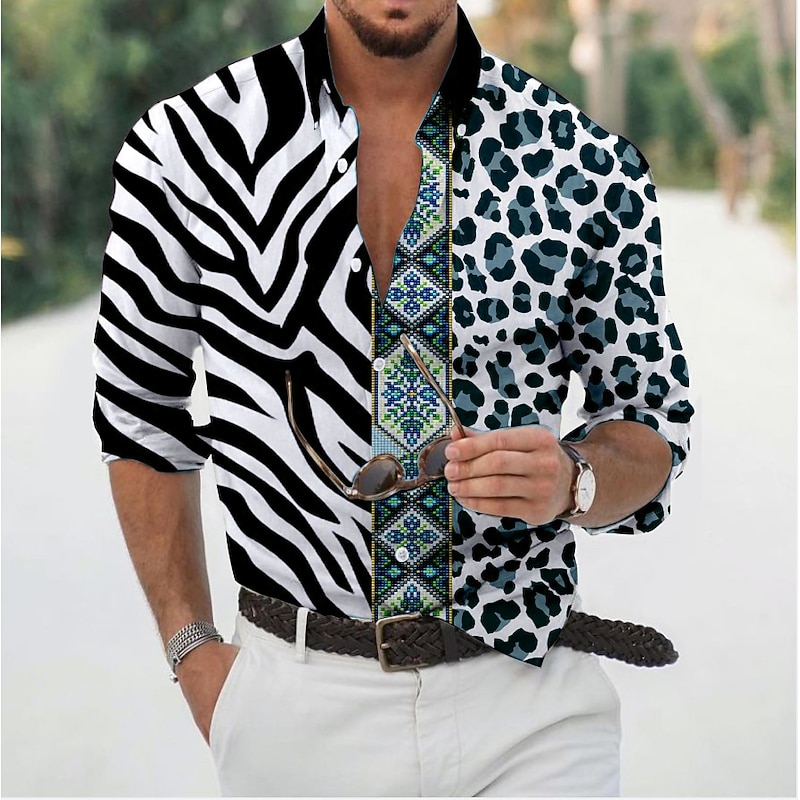 Men's Leopard Zebra Shirt Button Up Shirt Long Sleeve Fashion Designer Casual Daily Holiday Going out Spring & Summer Turndown 3D Print Button-Down Black Pink Purple Green2