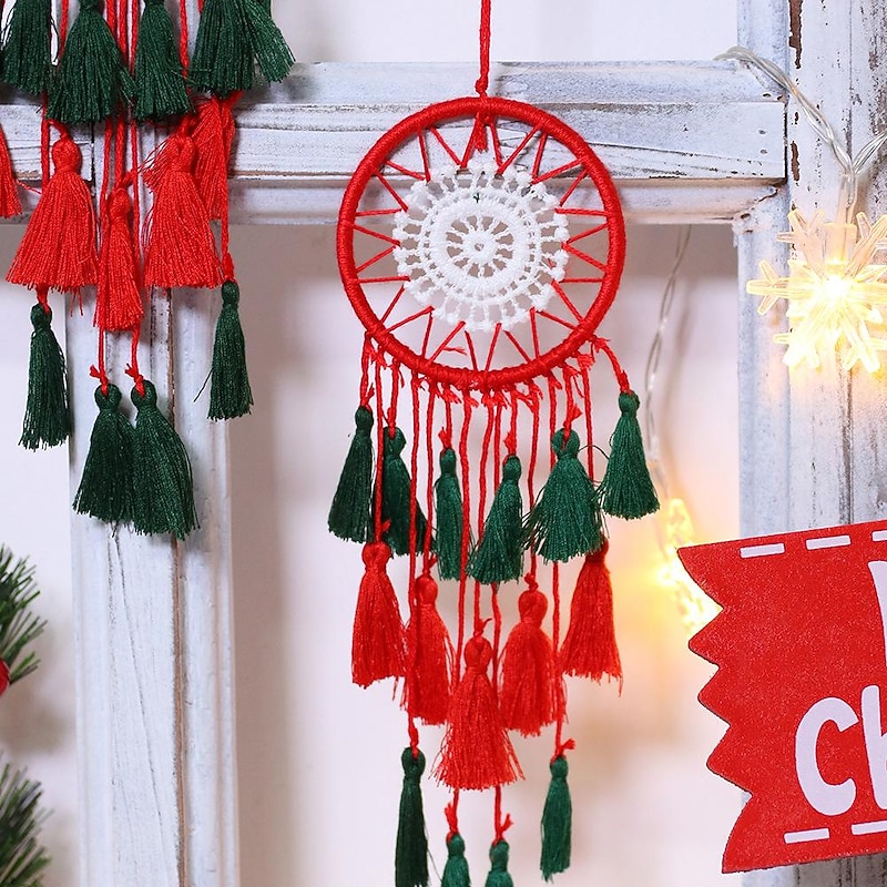 Christmas Dream Catcher Feather Hook Flower Christmas green  Christmas Red Wind Chime Gift Ornament Pendant Wall Hanging Home Garden Decor H:19cm/7.48inch2