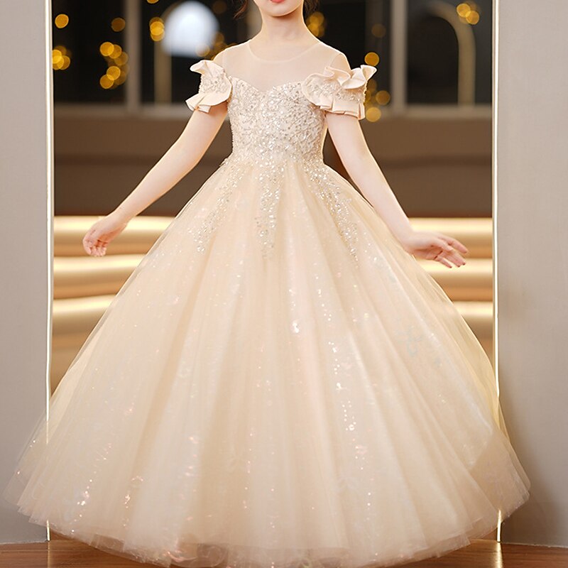 Kids Girls' Flower Girl Dress Party Dress Solid Color Short Sleeve Wedding Party Special Occasion Princess Polyester Party Dress Flower Girl's Dress Summer Spring 3-12 Years White Champagne