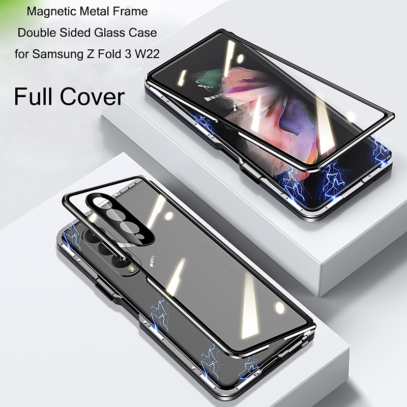 Phone Case For Samsung Galaxy Z Fold 5 Z Fold 4 Z Fold 3 Magnetic Adsorption Flip Mirror Transparent Transparent Tempered Glass Metal