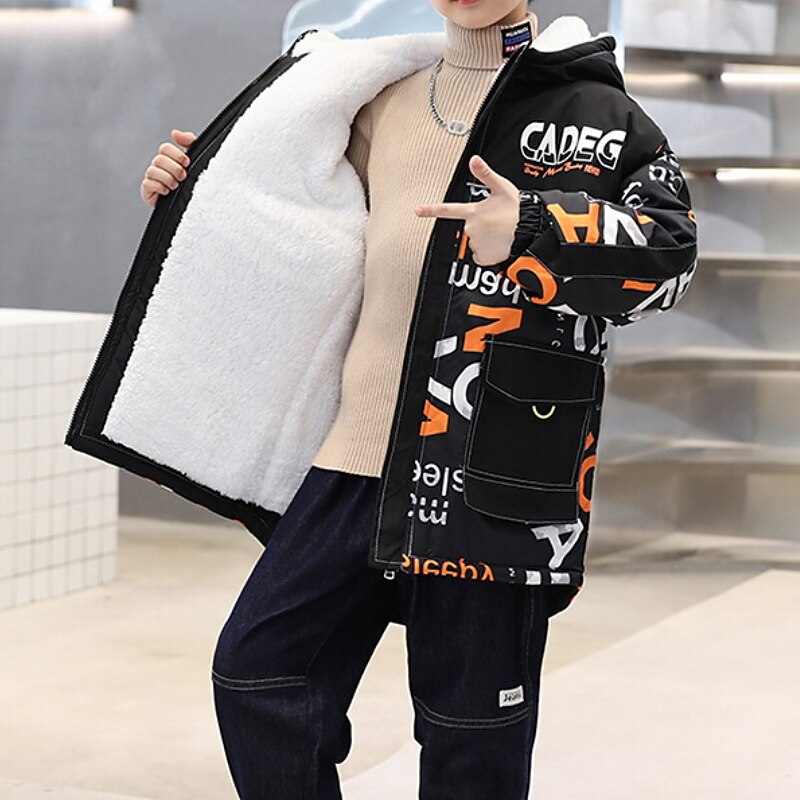 Kids Boys' Parka Outerwear Letter Long Sleeve Coat Outdoor Cotton Fashion Cool Blue Orange Fall Winter 7-13 Years