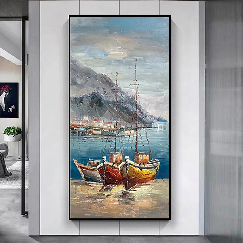 Mintura Handmade Boat Landscape Oil Paintings On Canvas Wall Art Decoration Modern Abstract Picture For Home Decor Rolled Frameless Unstretched Painting