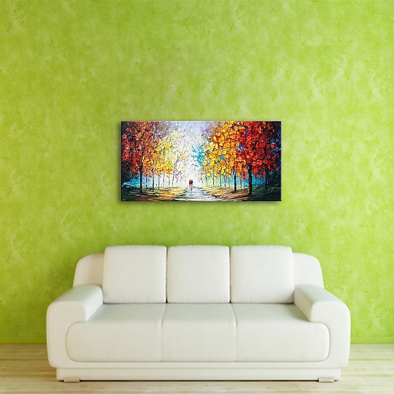 Handmade Oil Painting Canvas Wall Art Decoration Pedestrian Trees Autumn Scenery for Home Decor Stretched Frame Hanging Painting 6