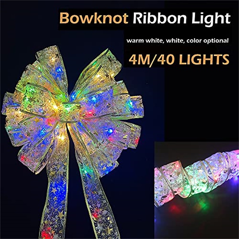 Christmas Ribbon Lights 4m Light Up Ribbon Fairy Seasonal String Lights 40LEDs EL 5mm for Party Wedding New Year Xmas Tree Decoration Warm White Cold White RGB Copper Wire Lights Holiday Wedding Patio Batteries Powered2