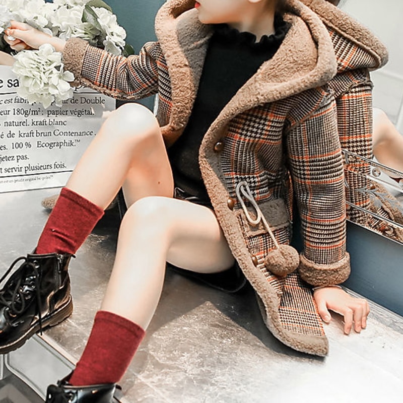 Kids Girls' Woolen Coat Long Sleeve Pink khaki White Plaid Winter Fall Fashion Outdoor 7-13 Years 5