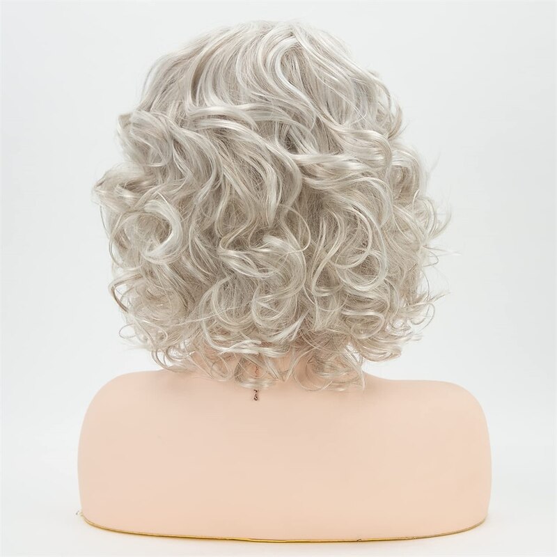Gray Curly Short Wigs for White Women Silver White Mixed Brown Wavy Bob Wig with Bangs Synthetic Hair Replacement Wig Christmas Party Wigs2