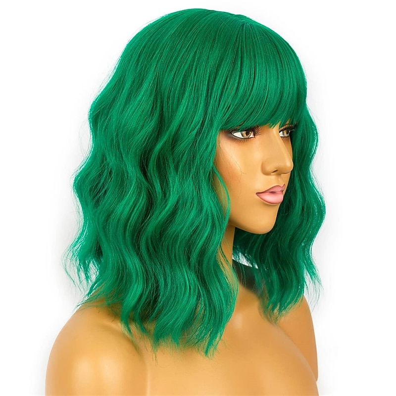 Short Bob Wigs with Bangs for Women Loose Wavy Green Wig Curly Wavy Shoulder Length Bob Synthetic Cosplay Wig for Girl Colorful Christmas Party Wigs St.Patrick's Day Wigs4
