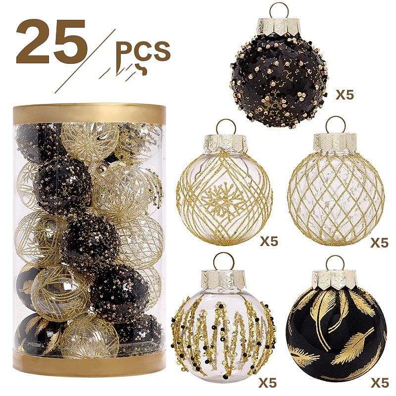 Christmas Baubles,  Christmas Ornament Decorations Shatterproof Ornaments Black and Gold Color Painted Christmas Baubles Decorations for Party Wedding Christmas Decor