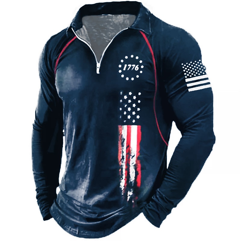 Men's American Flag Veterans Zip Polo Shirts Golf Shirt Long Sleeve Polo Shirts Collared Shirts Casual Streetwear Vacation Wear Party Outfits 3D Print Quarter Zip Polo Black Red Navy Blue3