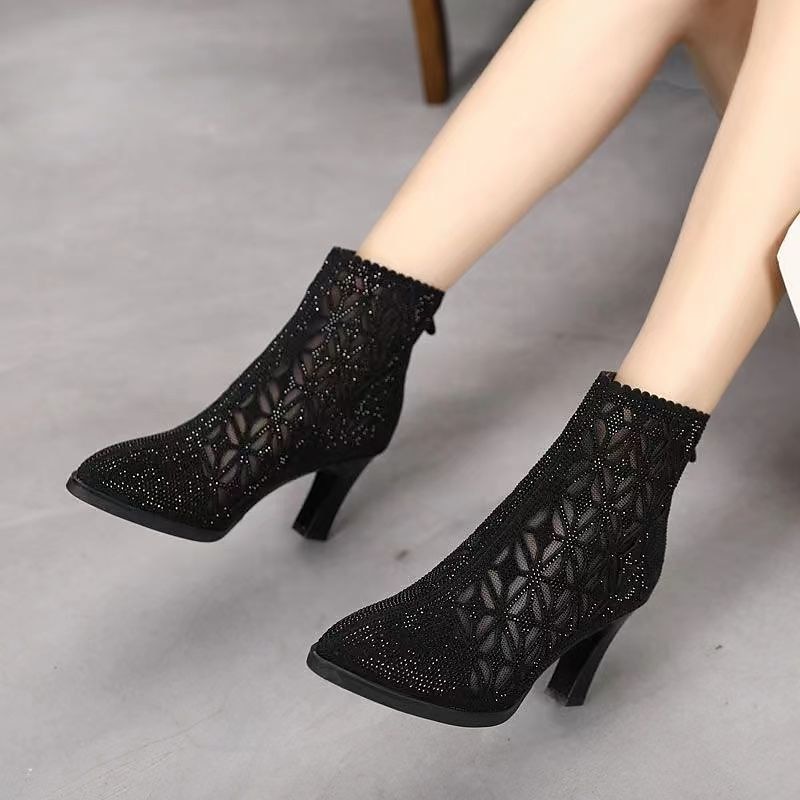 Women's Black Mesh Ankle Boots with Rhinestone Embellishments – Elegant High-Heel Design for Party and Evening Wear3