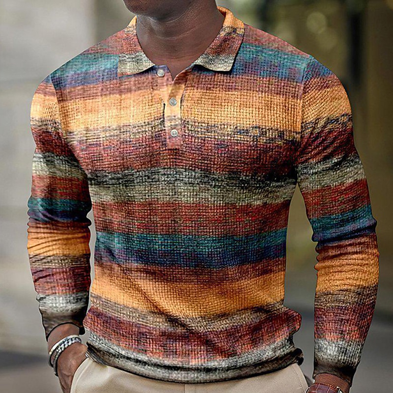 Men's Plaid Waffle Polo Shirts Golf Shirt Long Sleeve Polo Shirts Collared Shirts Vintage Casual Vacation Wear Formal Wear Festival Wear Buttons 3D Print Yellow Blue Purple