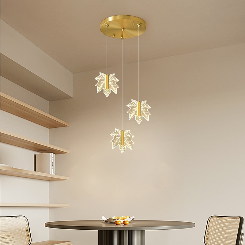 LED Pendant Light Fixture Maple Leaf 3-Lights 3000-6000K Gold Painted Finishes Hanging Chandelier Light Fixtures Home Decoration Hanging Light 110-220V(Bulbs Included)2
