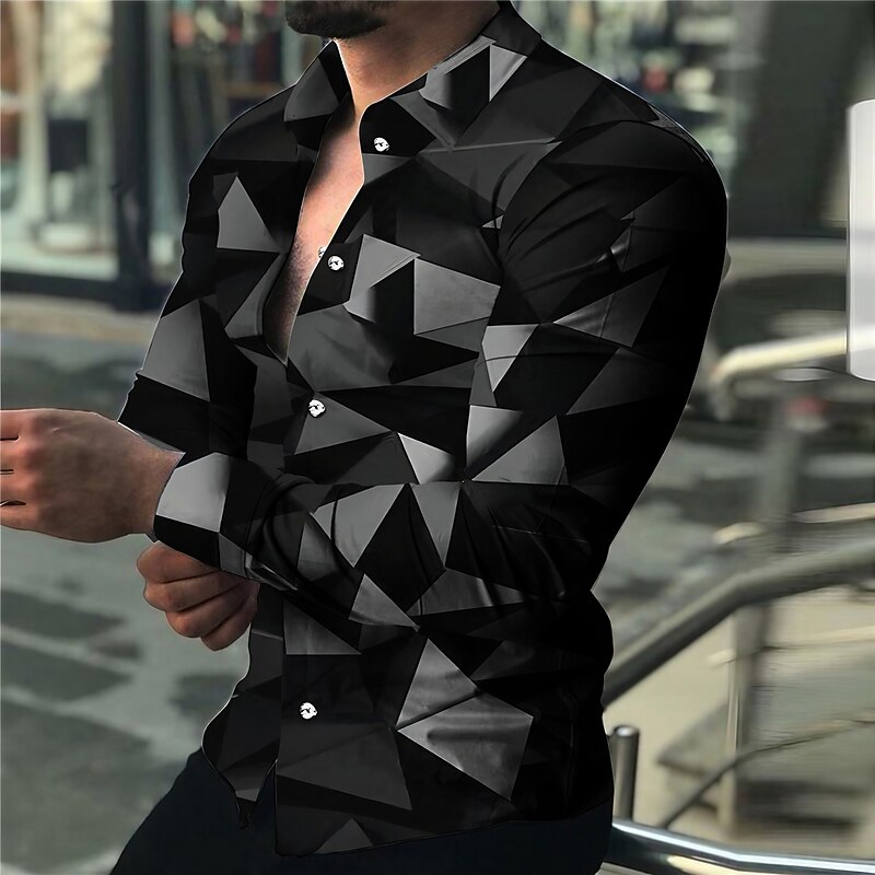 Men's Geometric Pattern Abstract Geometry Shirt Button Up Shirt Long Sleeve Fashion Designer Casual Outdoor Casual Holiday Fall & Winter Turndown Print Button-Down Dark Gray