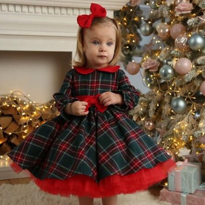 Toddler Girls' Dress Plaid Ugly Long Sleeve Performance Anniversary Pocket Cute Adorable Polyester Party Dress A Line Dress Fall Winter 3-7 Years 4-7 Years Red