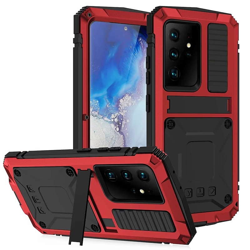 Phone Case For Samsung Galaxy S25 S24 S23 S22 S21 FE S21 Ultra Plus S20 A32 Full Body Case with Stand Holder Dustproof Military Grade Protection Solid Colored Armor Tempered Glass Metal Aluminium