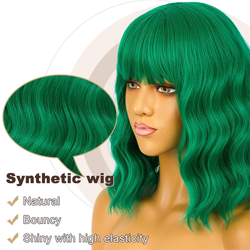 Short Bob Wigs with Bangs for Women Loose Wavy Green Wig Curly Wavy Shoulder Length Bob Synthetic Cosplay Wig for Girl Colorful Christmas Party Wigs St.Patrick's Day Wigs3
