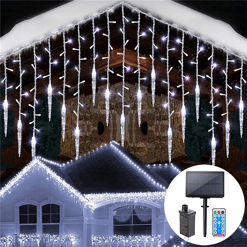 Christmas Icicle String Lights Outdoor Solar and Plug in 8 Modes 5M 216LED 3.5M 96LED Remote Control 24V Plug in String Lights LED Curtain Fairy String Light For Garden Party Timing Dimming2