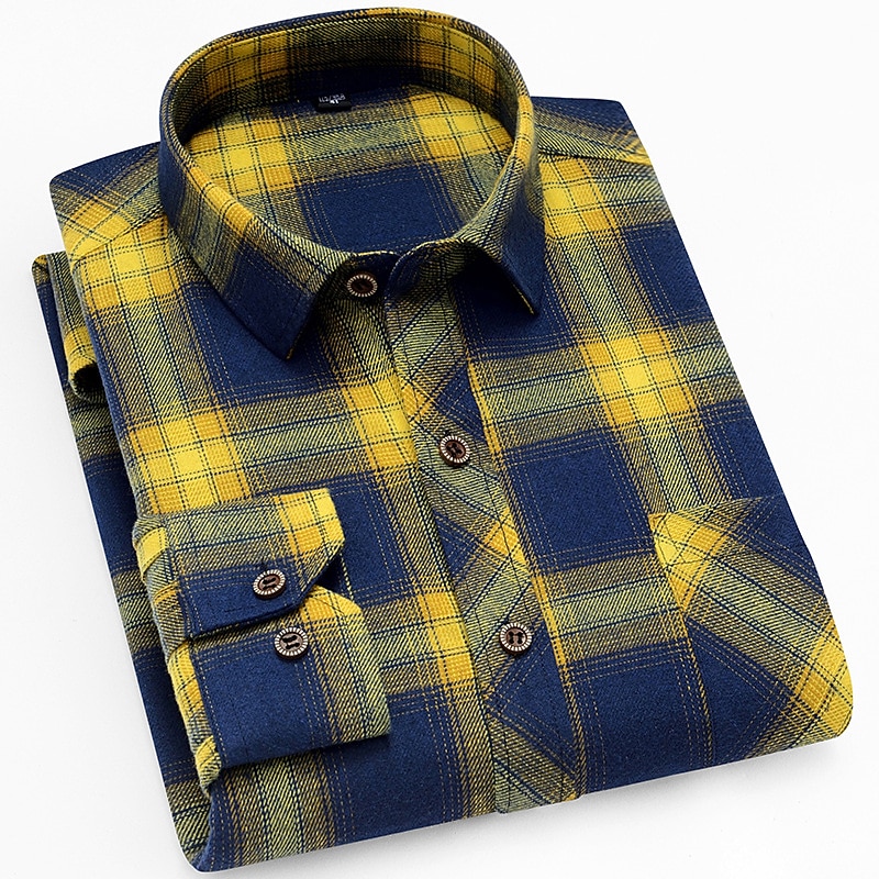 Men's Dress Shirt Plaid Shirt Collared Shirt Button Up Shirt Tartan Wedding Outdoor Blue-Green Yellow Navy Blue Beige Long Sleeve Turndown Fall Winter Clothing Apparel