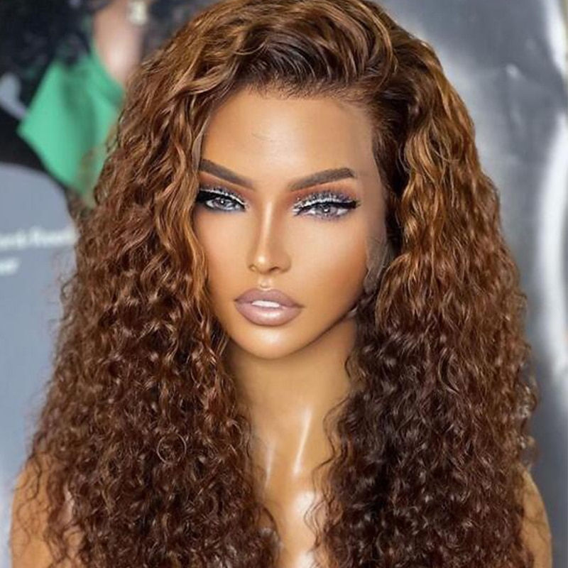 100% Virgin Hair Brazilian Lace Front Wig Pre-Plucked Brown Colored Curly Lace Front Human Hair Wig with Baby Hair For Women3