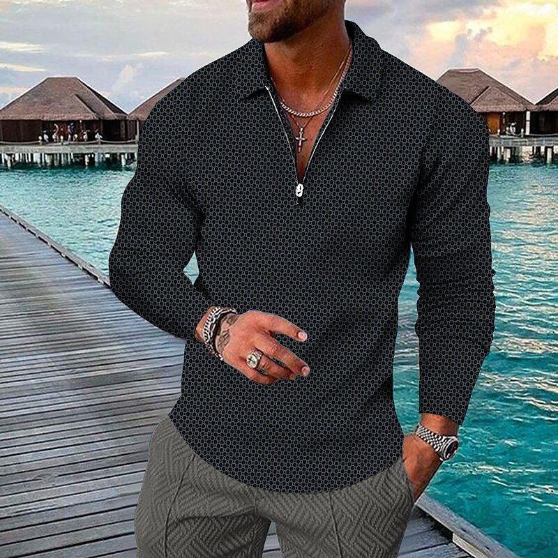 Men's Geometric Hawaiian Polo Shirts Golf Shirt Long Sleeve Polo Shirts Collared Shirts Casual Beach Wear Vacation Wear Party Outfits 3D Print Quarter Zip Polo Yellow Red Brown4