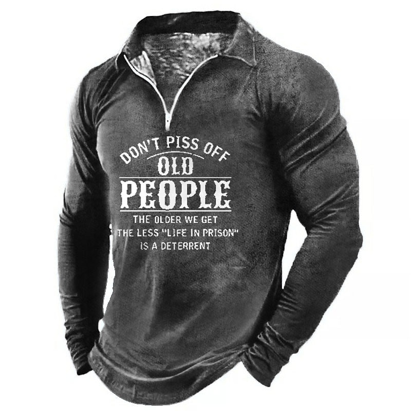 Men's Long Sleeve Quarter-Zip Shirt - Funny "Don't Piss Off Old People" Graphic Top4
