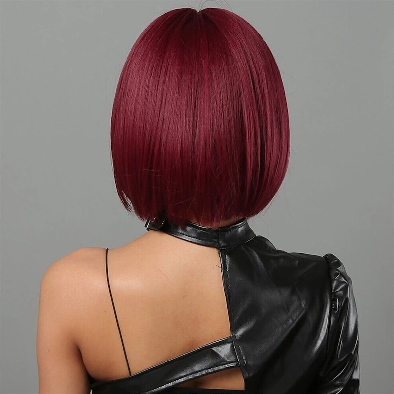 Fashion Bobo Wig European and American Wig Women's Short Straight Hair Wine Red Hair with Fringe Mechanism Chemical Fiber Headgear Wigs Christmas Party Wigs2