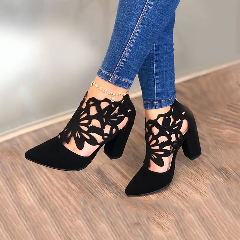 Women's Black Cutout Block Heel Pumps – Stylish Pointed Toe Shoes with Floral Design for Parties or Evening Wear2