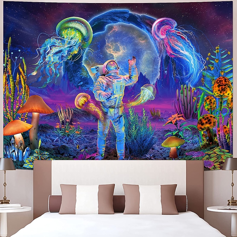 Blacklight Tapestry UV Reactive Glow in the Dark Glow Party Neon Astronaut Psychedelic Trippy Misty Hanging Tapestry Wall Art Mural for Living Room Bedroom2