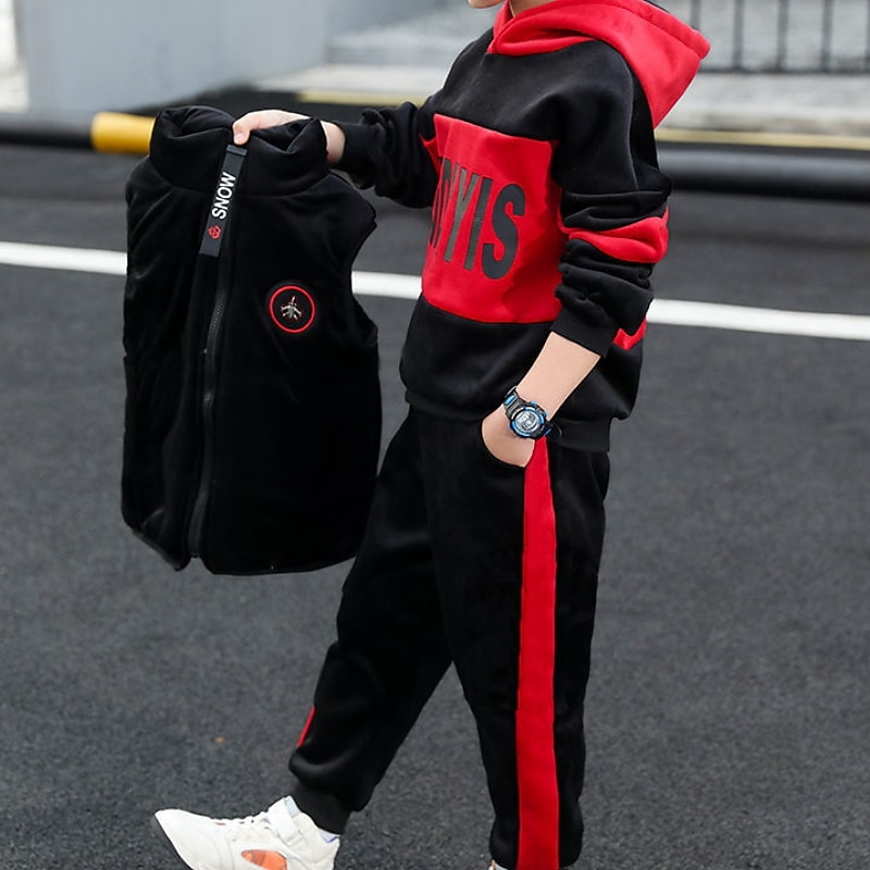 3 Pieces Kids Boys Hoodie & Pants Clothing Set Outfit Letter Long Sleeve Zipper Set Outdoor Cool Daily Winter Fall 7-13 Years Purple Yellow Red