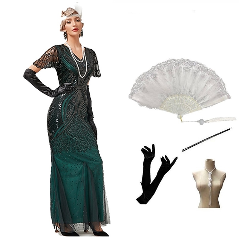 Vintage Inspired The Great Gatsby Long Length Flapper Dress Dress Outfits Illusion Sleeve The Great Gatsby Wedding Guest Sequins Sequin Halloween V Neck Fancy Dress Women's Halloween Masquerade4