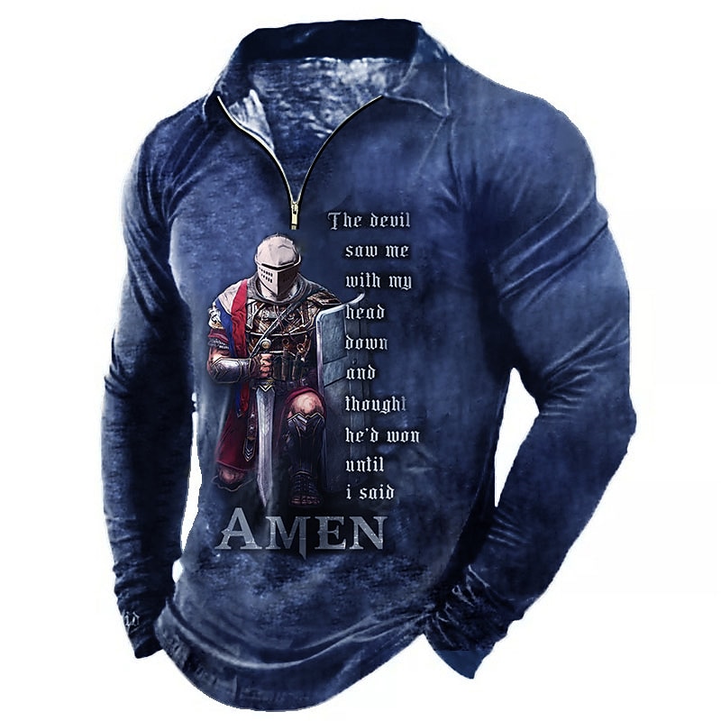 Men's Knights Templar Zip Polo Shirts Golf Shirt Long Sleeve Polo Shirts Collared Shirts Vintage Casual Vacation Wear Festival Wear Party Outfits 3D Print Quarter Zip Polo Black Blue Green