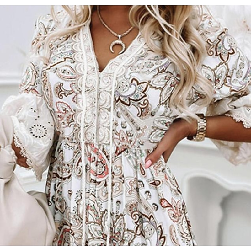 Women's Mini Dress Petite Dress Casual Dress Ethnic Dress Summer Dress Boho Dress Fashion Casual Boho Flare Cuff Sleeve Vacation Daily Holiday Loose Fit Floral Print 3/4 Length Sleeve V Neck White3