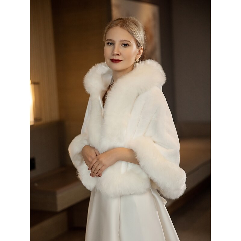 Shawls Bridal's Wraps Elegant Keep Warm Sleeveless White Faux Fur Fall Wedding Wraps With Pure Color For Wedding Fall & Winter dress to impress