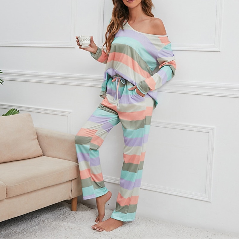 Women's Pajamas Nighty Pjs Sets 2 Pieces Rainbow Stripe Fashion Comfort Soft Home Daily Bed Cotton Breathable V Wire Long Sleeve T shirt Tee Pant Spring Fall Home Outfits2