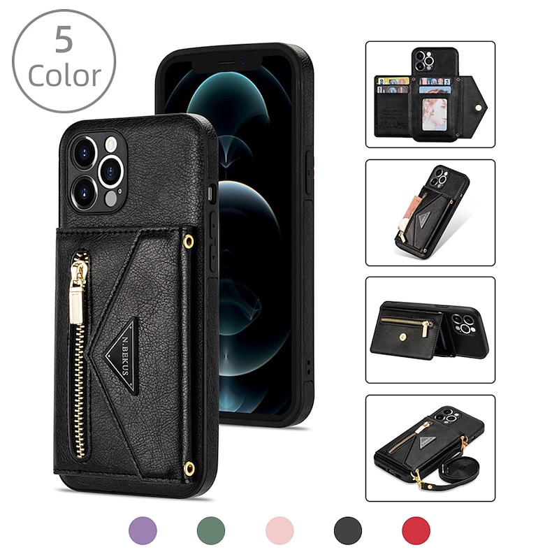 Phone Case For iPhone 17 Pro Max 17 Air 16 15 14 Pro Max Plus 16e 13 12 11 Pro Max Mini Wallet Case with Lanyard Card Slot Shockproof Solid Color PU Leather