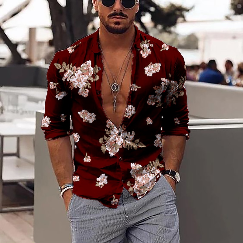 Men's Floral Shirt Long Sleeve Fashion Designer Casual Outdoor Daily Fall Winter Collar Print Button-Down Black Red Purple Green4