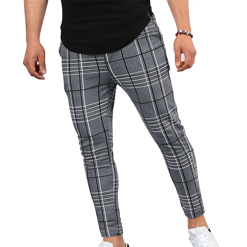 Men's Trousers Chinos Jogger Pants Pocket Grid / Plaid Breathable Soft Casual Daily Fashion Streetwear Black White Micro-elastic2