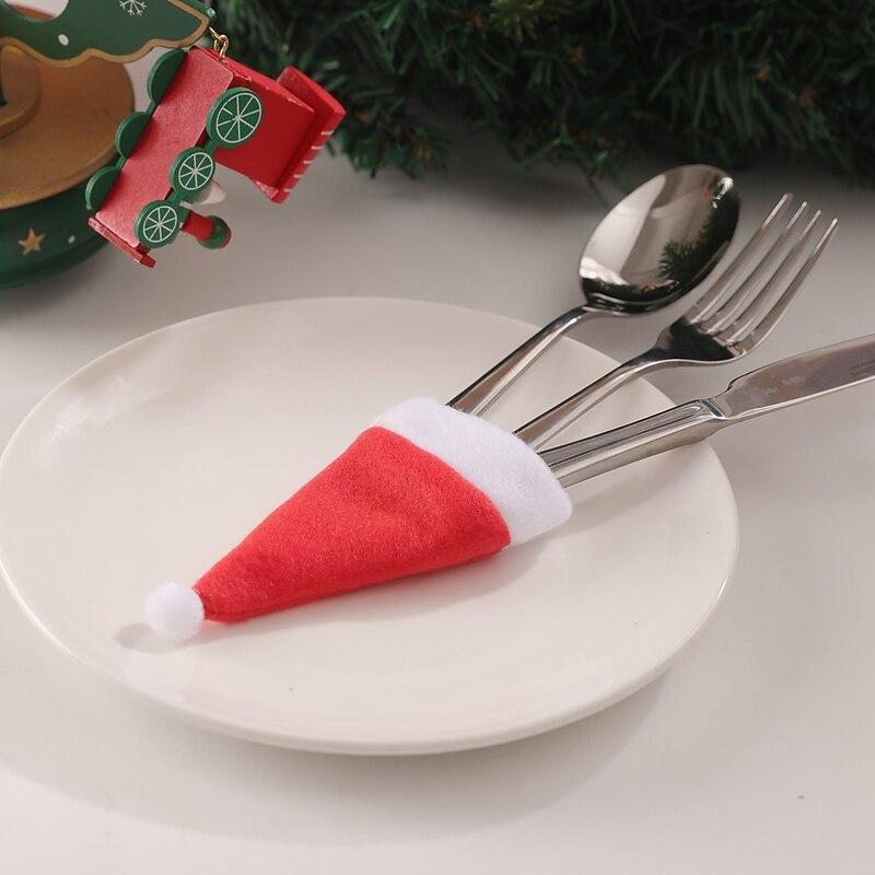 10Pcs Christmas Decorations Tableware Holder Bag Christmas Hat Tableware Fork Knife Cutlery Bag Xmas Home Decor Christmas Ornament2