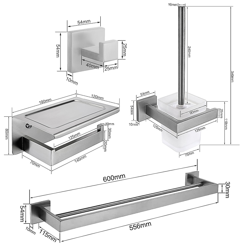 Bathroom Accessory Set 4 Piece Stainless Steel,Wall Mounted Towel Bar,Toilet Paper Holder,Toilet Brush Holder and Robe Hook,Bathroom Hardware Set(Black/Golden/Chrome/Brushed Nickel)2