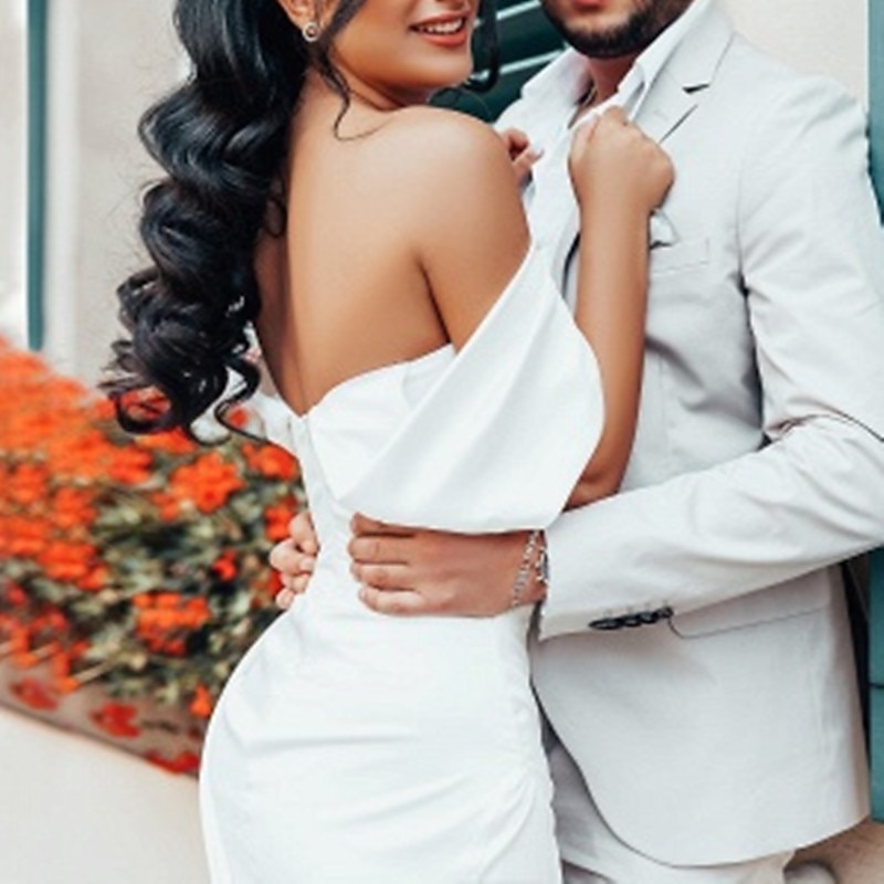 Hall Casual Simple Wedding Dresses Sheath Off Shoulder Cap Sleeve Court Train Satin Bridal Gowns With Ruched Split Front2