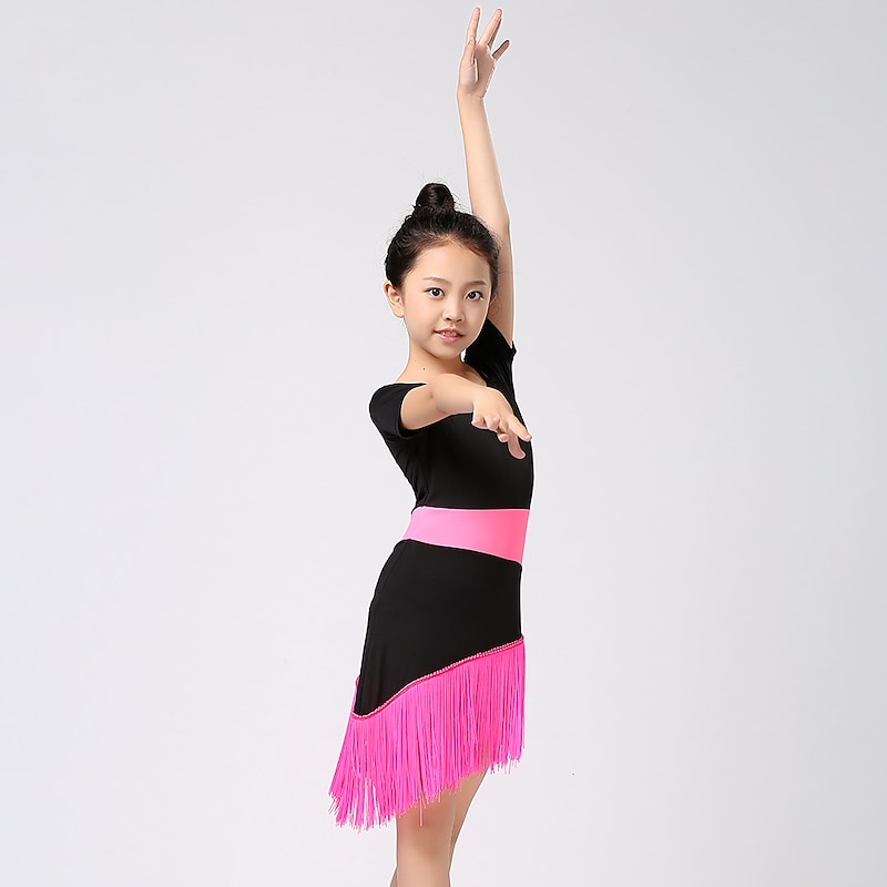 Latin Dance Kids' Dancewear Dress Tassel Splicing Girls' Performance Training Short Sleeve High Cotton Blend4