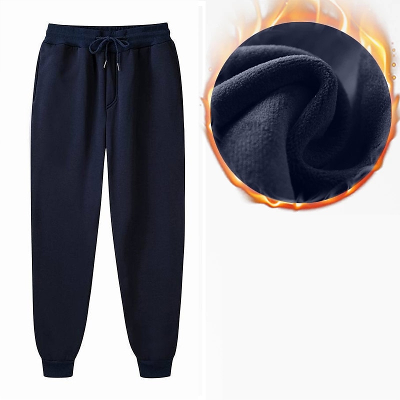 Men's Fleece Pants Sweatpants Joggers Winter Pants Trousers Side Pockets Elastic Waist Fleece Solid Color Comfort Warm Daily Casual Navy Apricot