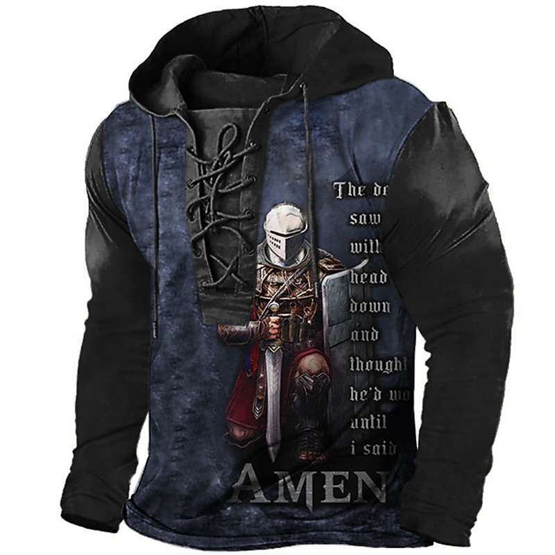 Men's Knights Templar Cross Hoodie Hoodies Sweatshirt Streetwear Designer Long Sleeve Hooded Party Causal Black Blue Lace up Print Spring &  Fall Designer4