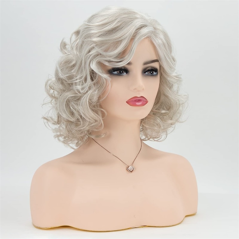 Gray Curly Short Wigs for White Women Silver White Mixed Brown Wavy Bob Wig with Bangs Synthetic Hair Replacement Wig Christmas Party Wigs4