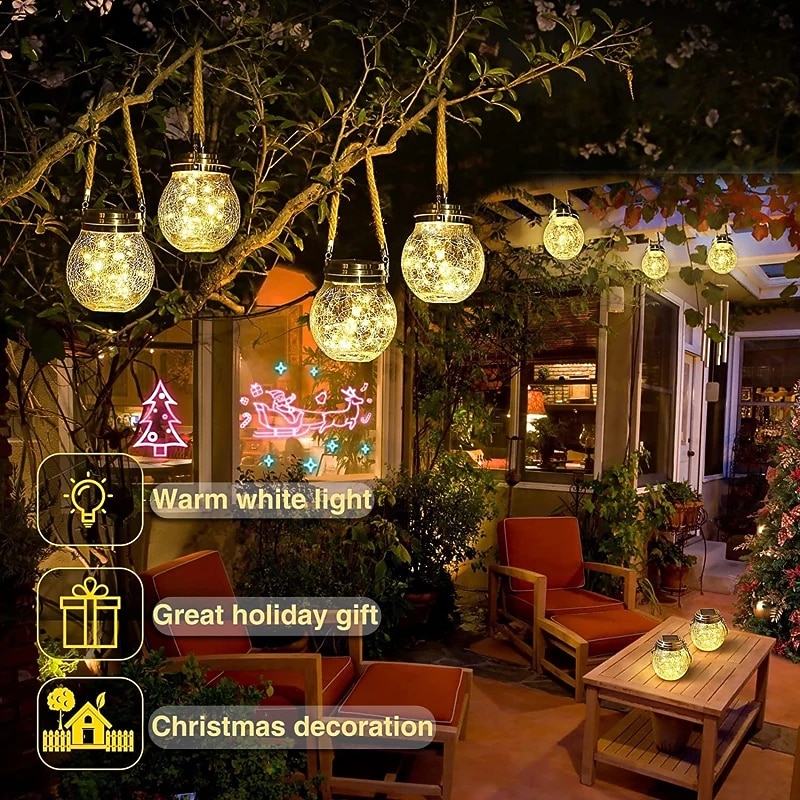 Solar Crack Jar Lights Hanging Ball Glass LED Solar Lanterns Solar Star Wishing Lamp Outdoor Waterproof Garden Decoration Tree Lights Christmas Party Home Decor Light