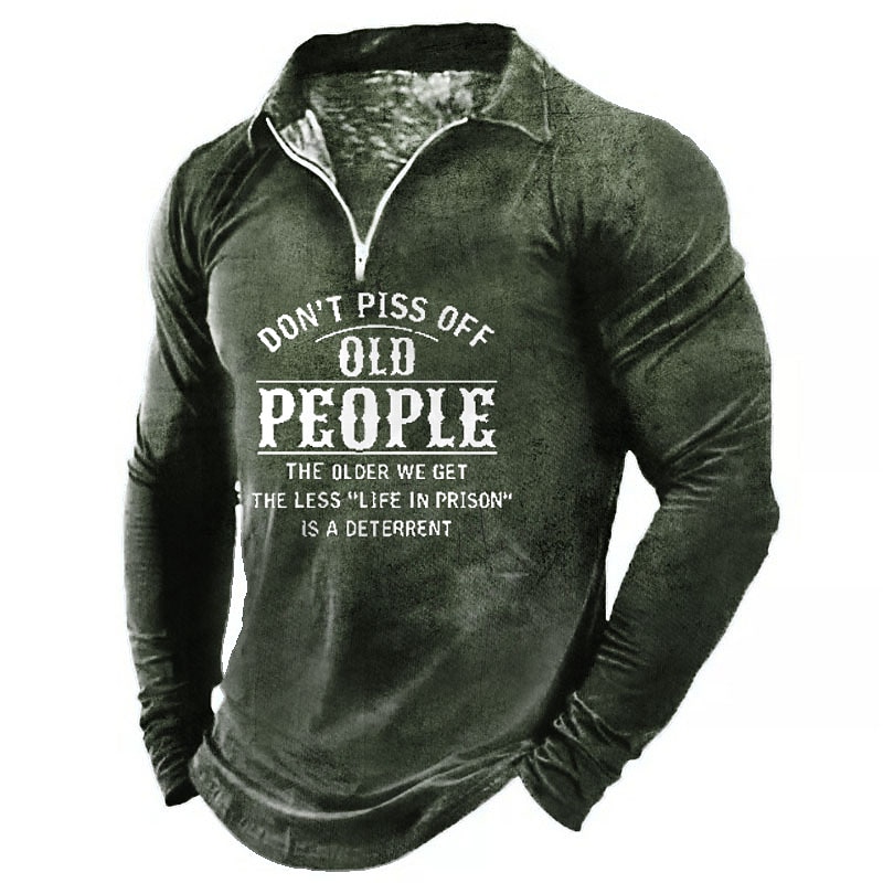 Men's Long Sleeve Quarter-Zip Shirt - Funny "Don't Piss Off Old People" Graphic Top3