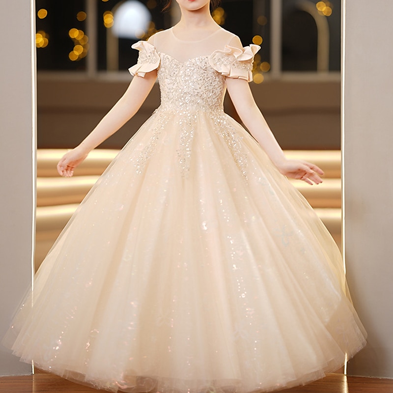 Kids Girls' Flower Girl Dress Party Dress Solid Color Short Sleeve Wedding Party Special Occasion Princess Polyester Party Dress Flower Girl's Dress Summer Spring 3-12 Years White Champagne3
