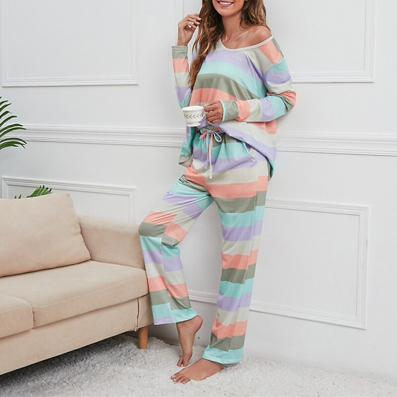 Women's Pajamas Nighty Pjs Sets 2 Pieces Rainbow Stripe Fashion Comfort Soft Home Daily Bed Cotton Breathable V Wire Long Sleeve T shirt Tee Pant Spring Fall Home Outfits4