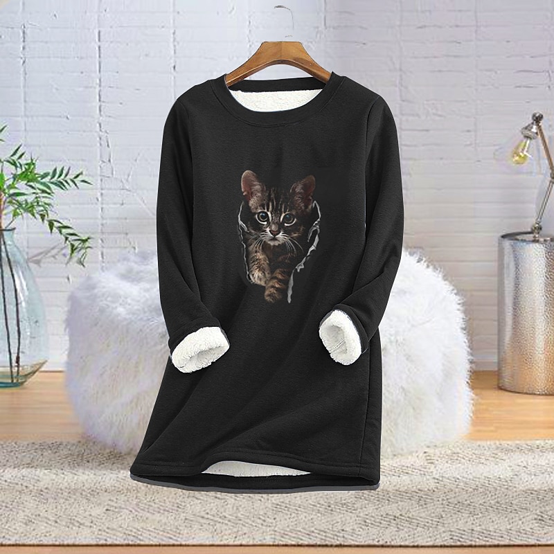 Women's Sweatshirt Pullover Sherpa Fleece Teddy Black Blue Red Cat Dailywear Round Neck Long Sleeve Fleece S M L XL 2XL 3XL / Fleece lined2