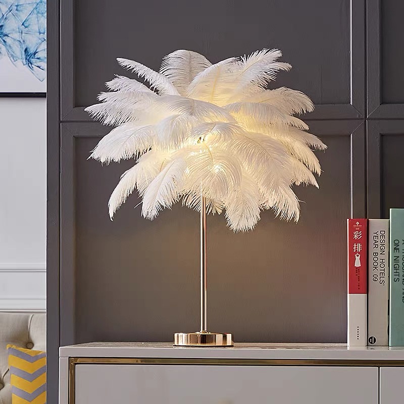 White Feather Table Lamp with Plug in Wire Modern Feather Lamp 3-Light Bedside Table Lamp for Bedroom Nightstand Lamp Desk Night Light in Gold Christmas gift2
